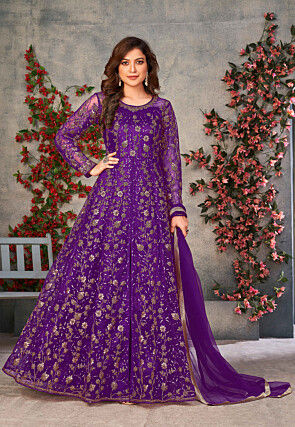 Embroidered Net Front Slit Abaya Style Suit in Purple