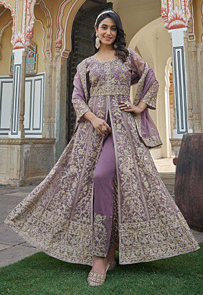 Embroidered Net Front Slit Abaya Style Suit in Purple