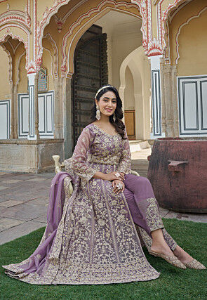 Embroidered Net Front Slit Abaya Style Suit in Purple