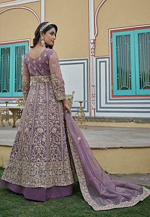 Embroidered Net Front Slit Abaya Style Suit in Purple