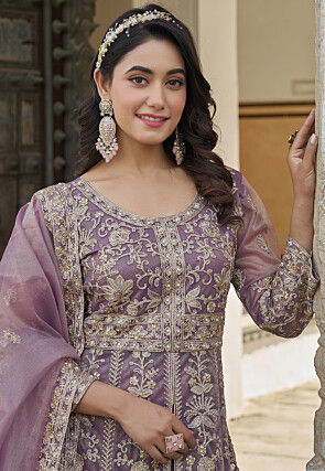 Embroidered Net Front Slit Abaya Style Suit in Purple