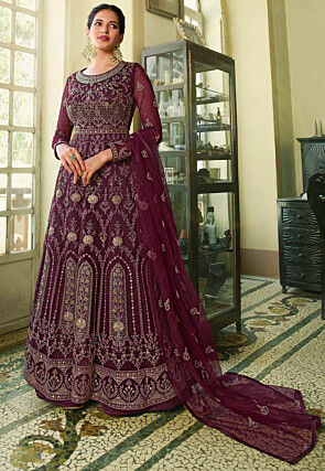 Embroidered Net Front Slit Abaya Style Suit in Wine