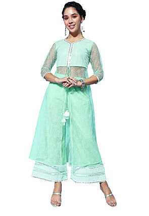 Embroidered Net Front Slit Kurta set in Sea Green