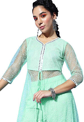 Embroidered Net Front Slit Kurta set in Sea Green