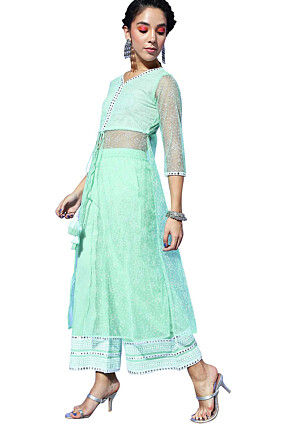 Embroidered Net Front Slit Kurta set in Sea Green