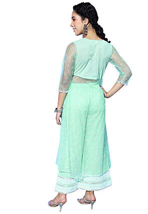 Embroidered Net Front Slit Kurta set in Sea Green