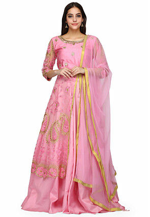 Embroidered Net Front Slit Lehenga in Pink