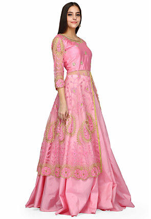Embroidered Net Front Slit Lehenga in Pink