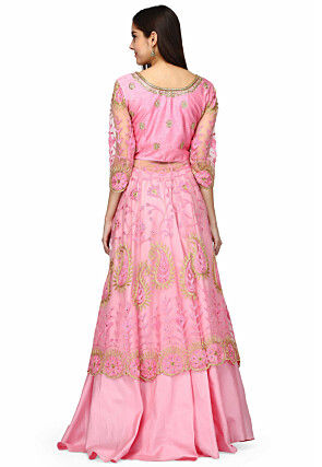 Embroidered Net Front Slit Lehenga in Pink