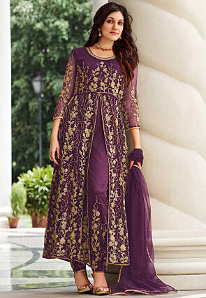 Embroidered Net Front Slit Pakistani Suit in Purple