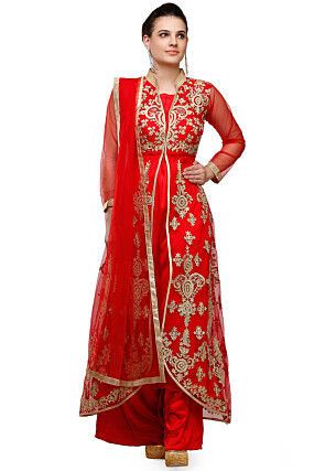 Embroidered Net Front Slit Pakistani Suit in Red