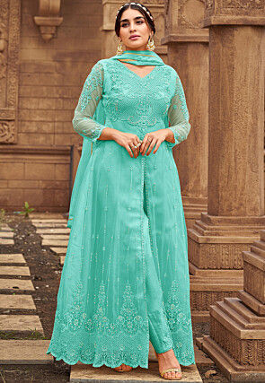 Embroidered Net Front Slit Pakistani Suit in Sky Blue