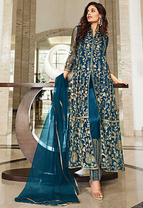 Embroidered Net Front Slit Pakistani Suit in Teal Blue