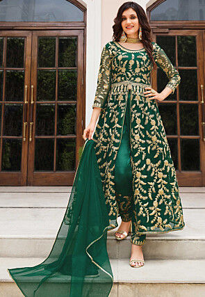 Embroidered Net Front Slit Pakistani Suit in Teal Green