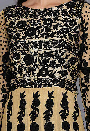 Embroidered Net Gown in Beige