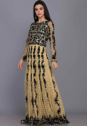 Embroidered Net Gown in Beige