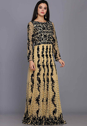 Embroidered Net Gown in Beige