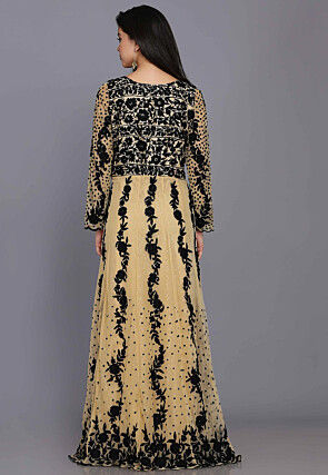 Embroidered Net Gown in Beige