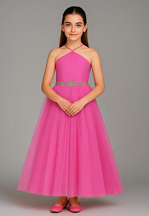 Embroidered Net Gown in Bright Pink