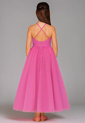 Embroidered Net Gown in Bright Pink