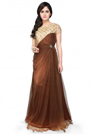 Embroidered Net Gown In Brown and Beige
