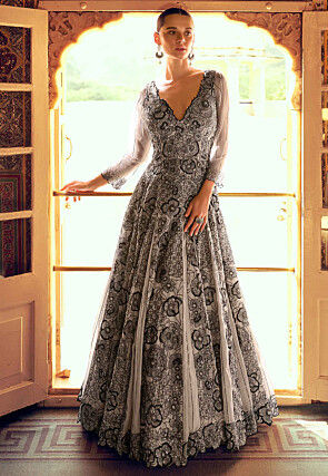 Embroidered Net Gown in Grey