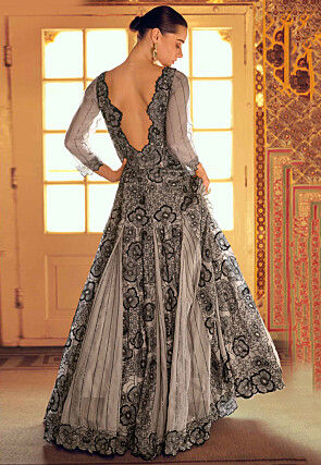 Embroidered Net Gown in Grey