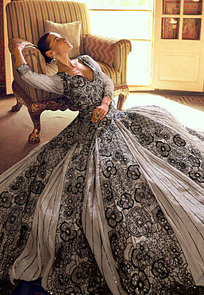 Embroidered Net Gown in Grey