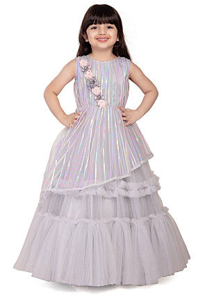 Embroidered Net Gown in Grey