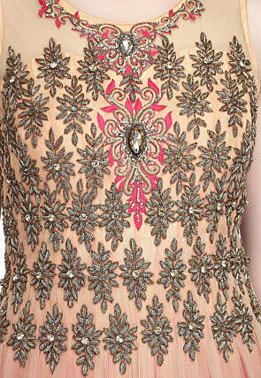 Embroidered Net Gown in Light Peach and Maroon