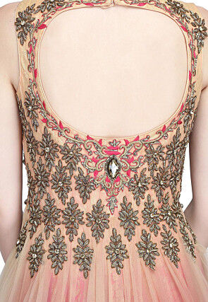 Embroidered Net Gown in Light Peach and Maroon