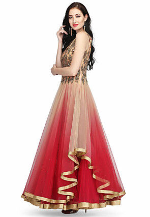 Embroidered Net Gown in Light Peach and Maroon