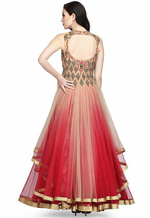 Embroidered Net Gown in Light Peach and Maroon