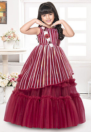 Embroidered Net Gown in Maroon