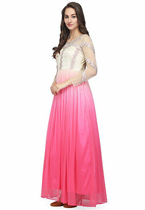 Embroidered Net Gown in Off White and Pink