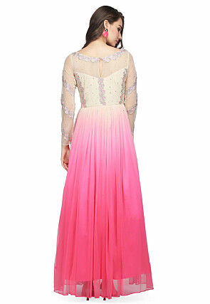 Embroidered Net Gown in Off White and Pink