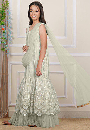 Embroidered Net Gown in Pastel Green