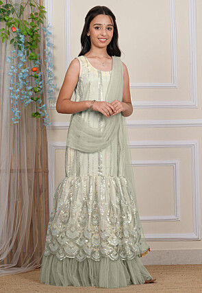 Embroidered Net Gown in Pastel Green