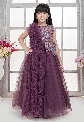 Embroidered Net Gown in Purple