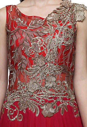 Embroidered Net Gown in Red and Fuchsia