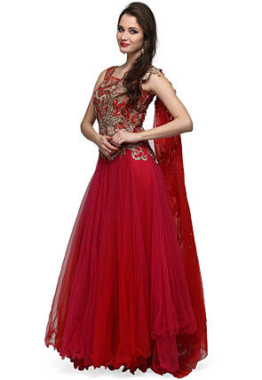 Embroidered Net Gown in Red and Fuchsia