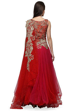Embroidered Net Gown in Red and Fuchsia