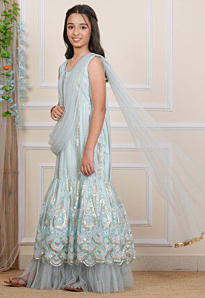 Embroidered Net Gown with Attached Dupatta in Pastel Blue