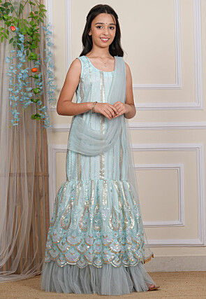 Embroidered Net Gown with Attached Dupatta in Pastel Blue