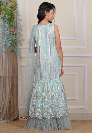 Embroidered Net Gown with Attached Dupatta in Pastel Blue
