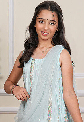 Embroidered Net Gown with Attached Dupatta in Pastel Blue