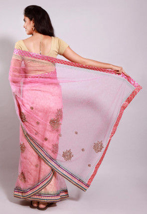 Embroidered Net Half N Half Saree in Pink