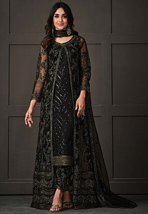 Embroidered Net Jacket Style Pakistani Suit in Black