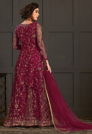 Embroidered Net Jacket Style Pakistani Suit in Maroon