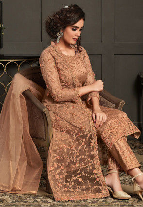 Embroidered Net Jacket Style Pakistani Suit in Peach